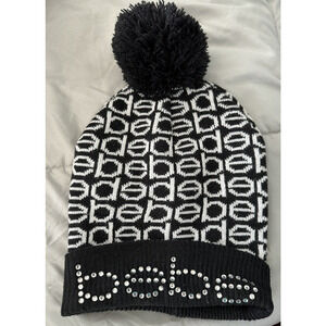 Bebe Black Rhinestone Beanie Faux Fur Pompom Double Brim Stretch Knit One Size